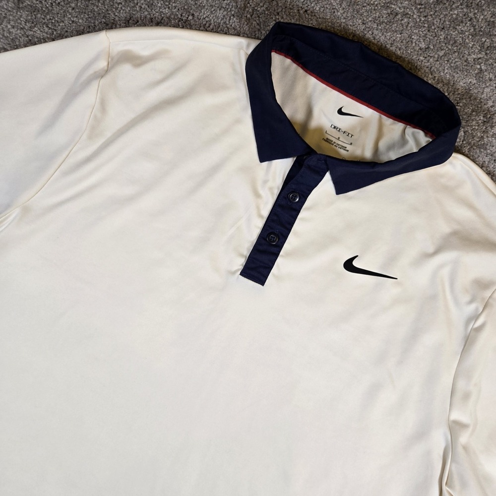Nike Tour Men's Dri Fit Contrast Golf Polo Size Large Ivory Navy